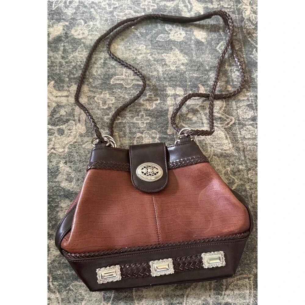 Vintage Western boho Two Tone Brown Faux Leather Should Bag Braided Strap Purse
